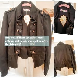 Black military-style soft jacket w/ brass buttons